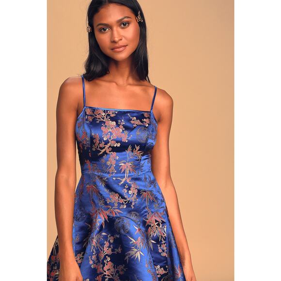 Lulu's Perfect Date Royal Blue Satin Jacquard Sleeveless Mini Dress XL NWT - Picture 3 of 7